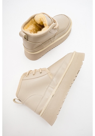 Luvishoes Ovela Bej Cilt Kalın Taban Bağcıklı Kadın Spor Bot Bej