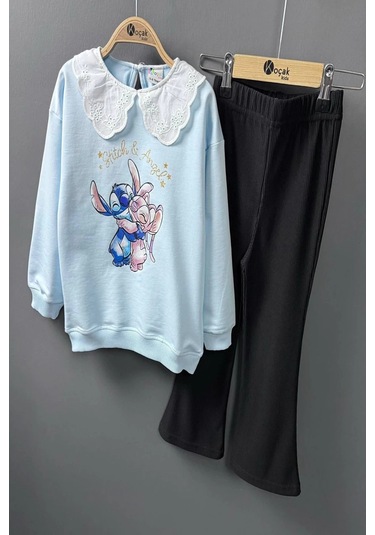 Yaka Detaylı Stitch Desenli Mavi Renk Kız Çocuk Takım Mavi