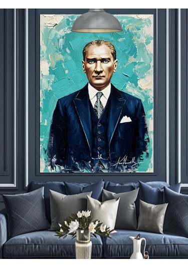 Mavi Fonlu Mustafa Kemal Atatürk Portresi Dekoratif Kanvas - Mdf Ahşap Tablo