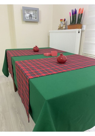Koyu Yeşil Renk Masa Örtüsü Yılbaşı Ekose Runner Seti