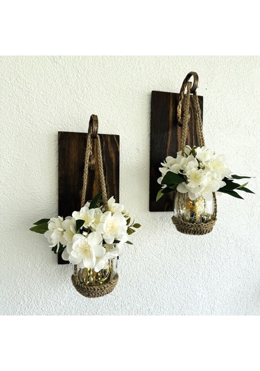 Duvar Dekoru, Led Işıklı, Beyaz Yasemin Çiçekli, Ceviz Aplik İkili Set