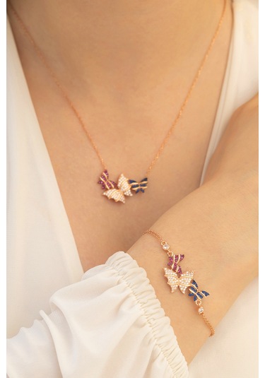 Rose Kelebek Model Gümüş Kolye Bileklik Set