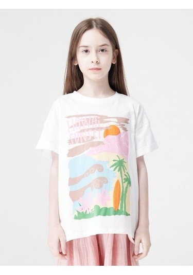 Kız Çocuk Pamuklu Hawai Baskılı Yuvarlak Yaka Yarım Kol Tshirt-14023 Ekru Pmb