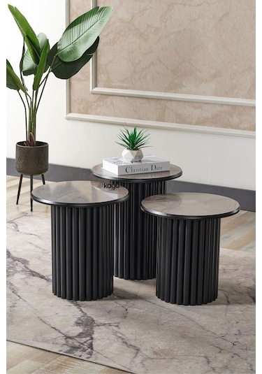 Kagu Boston Mdf 3'lü Sehpa Yuvarlak Ahşap Ve Metal Ayak