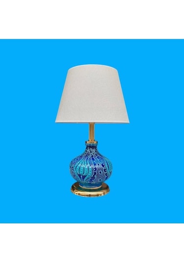 Patara Abajur Gold Kaplamalı Mavi Çini Krem Şapka Mavi