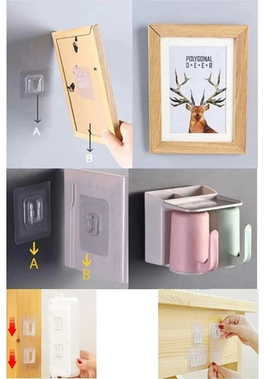 10'lu Set Çift Taraflı Yapışkanlı Geçmeli Klips Eşya Sabitleme Askısı Şeffaf Duvar Kancası Svrm Şeffaf