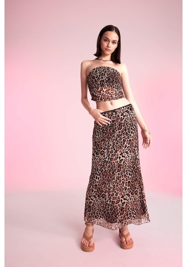 Defacto A Kesim Leopar Desenli Yüksek Bel Pamuk Astarlı Tül Maxi Etek D4469AX24AUBK81 Siyah
