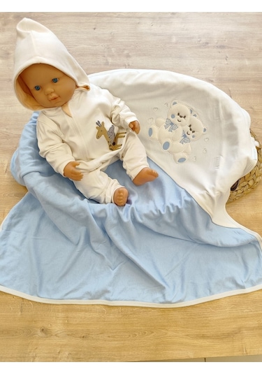 %100 Pamuklu & Mevsimlik Bebek Battaniyesi - Kahverengi & Ayıcık Nakışlı Bebek Örtüsü 80x90 Cm Mavi