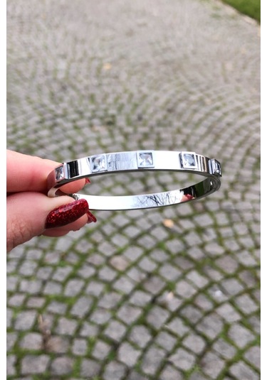 Gümüş Renk Baget Taşlı Çelik Kelepçe Gümüş