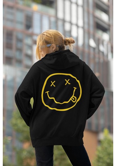 Sevbano Nirvana Yazılı Unisex Oversize Tasarım Hoodie Siyah