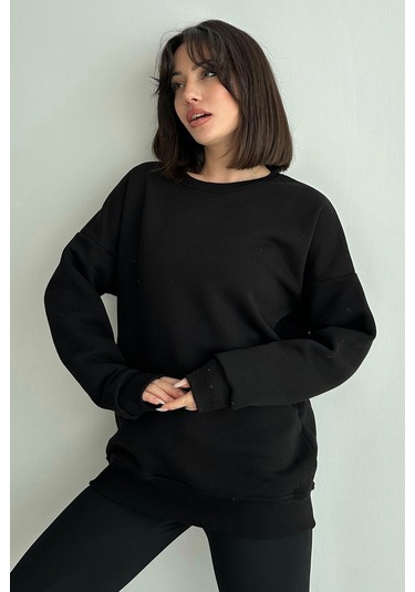 Kadın Siyah Bisiklet Yaka Oversize Sweatshirt Siyah