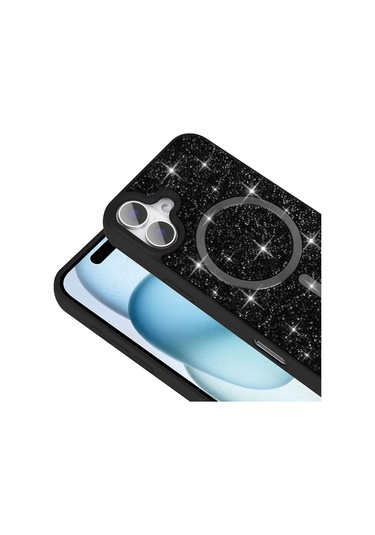 Mobilteam İphone Uyumlu 16 Pro Kılıf Pırlanta Tasarımlı Magsafe Şarj Özellikli Mozaik Silikon Gri