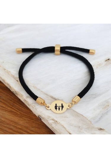 Oval Motifli İpek Örgülü 14 Ayar Altın Plakalı Aile Sembollü Hediye Bileklik-320sembol-siyah Altın