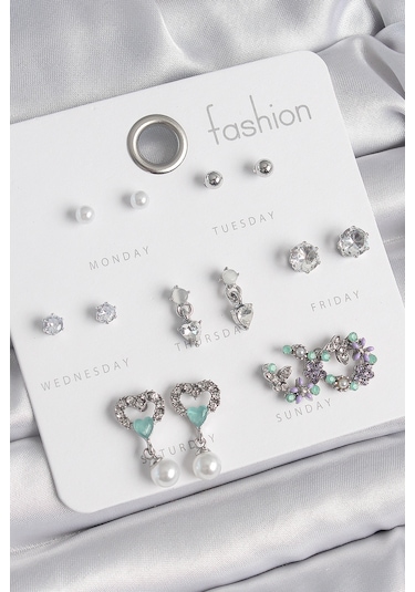 Pirinç Gümüş Renk Zirkon Taşlı Sallantılı Kalp Model Çiçek Detay 7 Çift Kadın Küpe Seti Çok Renkli