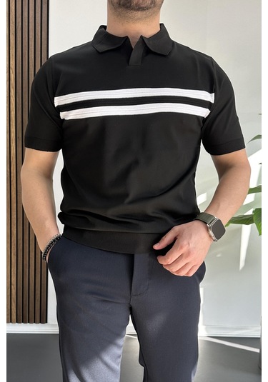 Erkek Açık Yaka Çizgli Tişört Siyah Edw236 Siyah