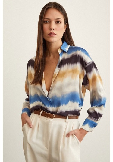 Kadın Uzun Kol Sulu Boya Desenli Renkli Pamuk Saten Premium Kalite Spor Şık Gömlek Mavi