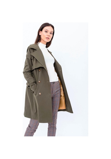 Pastelastore %100 Pamuk Gabardin Midi 95cm Astarlı Kemerli Kadın Trençkot 1113 Haki