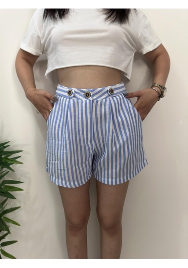 Simli Moda Düğme Detaylı Çizgili Mavi Şort Mavi