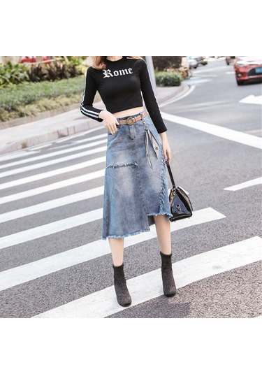 Kadın Moda Yüksek Bel Yırtık Tahrip Bodycon Sokak Stili Denim Etek Açık Mavi