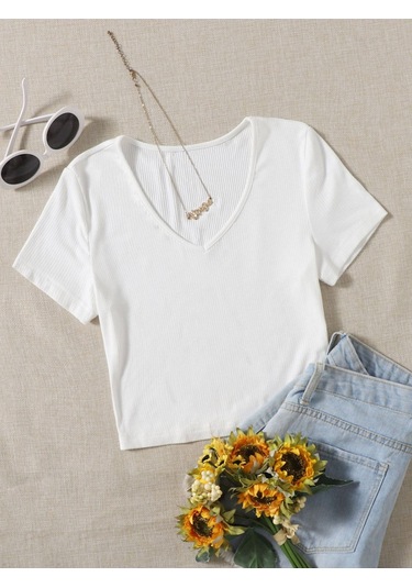 V Yaka Beyaz Renk Fitilli Kısa Kollu Regular Crop Top Bluz