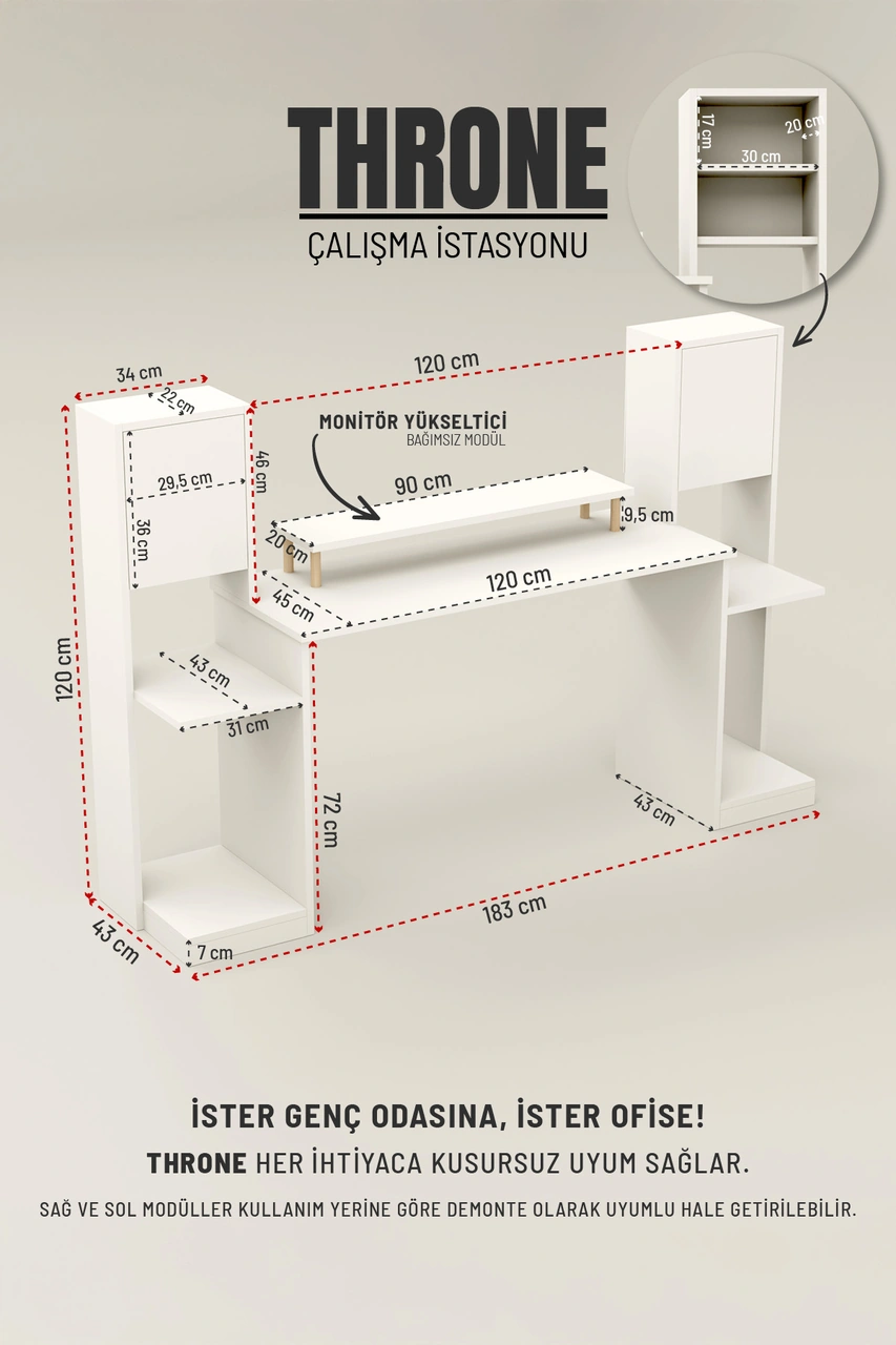 Throne Dolaplı, Kitaplıklı, Raflı Çalışma Masası, Bilgisayar Masası, Çocuk Çalışma Masası Beyaz Beyaz