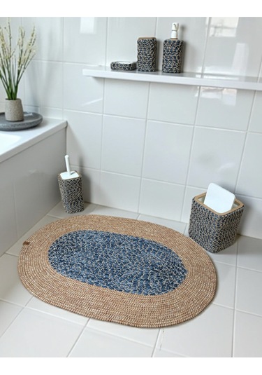 Doğal Dokulu Hasır Görünümlü 6 Parça Banyo Takımı Zarif Ve Modern Mavi
