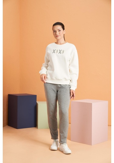 Pjs Xoxo Kadın Baskılı Uzun Kollu Sweatshirt Çizgili Eşofman Takım Ekru