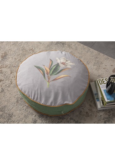 Gri Çiçek Desenli Dekoratif Taşınabilir Yuvarlak Puf Yer Minderi