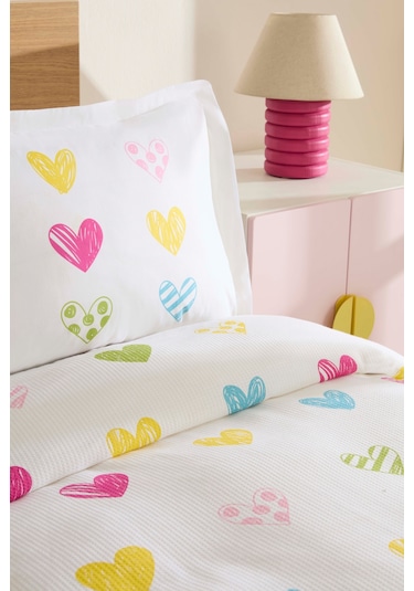 Karaca Home Young Color Heartz %100 Pamuk Tek Kişilik Pike Takımı Beyaz