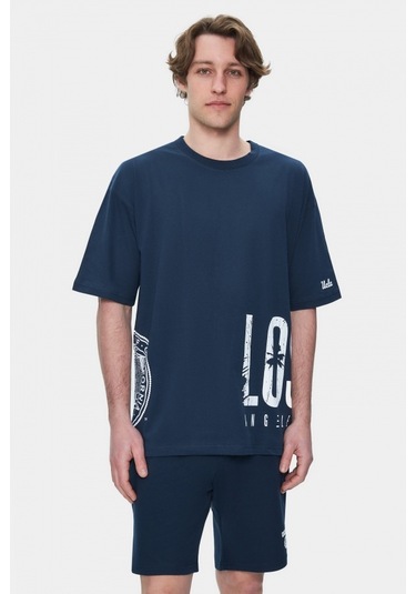 Ignıso Lacivert Bisiklet Yaka Baskılı Oversize Erkek Tshirt Lacivert