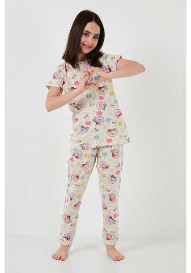 Lela % 100 Pamuk Bisiklet Yaka Kısa Kollu Kız Çocuk Pijama Takımı 6651004 Bej