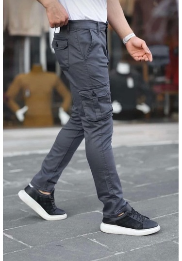 Erkek Körüklü Cep Ve Paça Ribana Detaylı Antrasit Keten Kargo Pantolon Antrasit