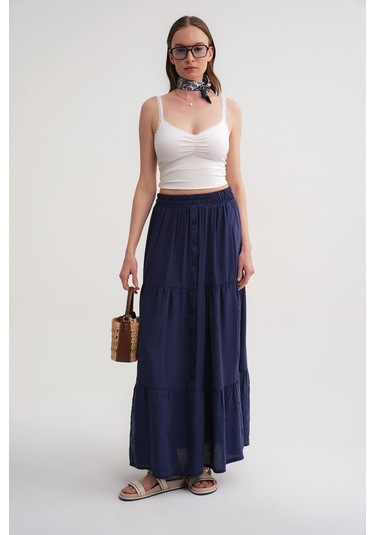 4662 Kadın Düğme Detaylı Büzgülü Modal Etek Lacivert Lacivert