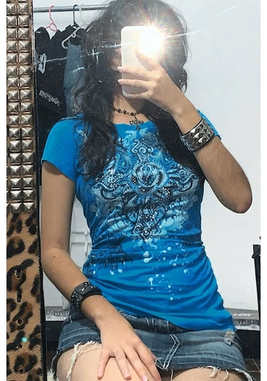 Mavi Gotik Rose Harajuku Y2k Kısa Kollu Crop-18660 Mavi