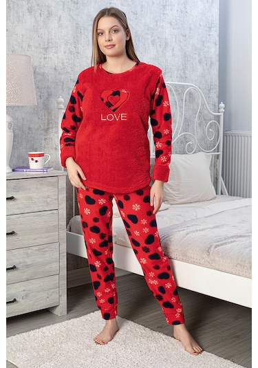 Mtn Kalp Desenli Polar Kadın Pijama Takımı Kırmızı