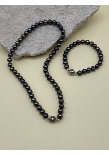 Siyah Doğal İnci Erkek Kolye Bileklik Set Gümüş