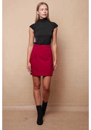 Kadın Hafif Likralı Kumaş Yüksek Bel Anvelop Kruvaze Hafif Mini Kalem Etek-bordo Bordo