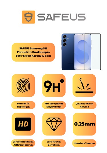 Safeus Tam Kaplayan Parmak İzi Bırakmayan Safir Ekran Koruyucu Cam , Samsung S25 İle Uyumlu