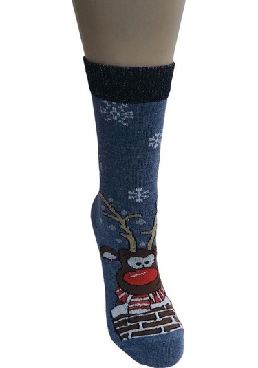 3'lü Set Pamuklu Yılbaşı Kadın Soket Çorap-mavi Mavi