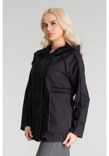 Kadın Power Likralı Pamuklu Kumaş Kapişonlu Fermuarlı Kordonlu Pis Dikişli Mont Siyah