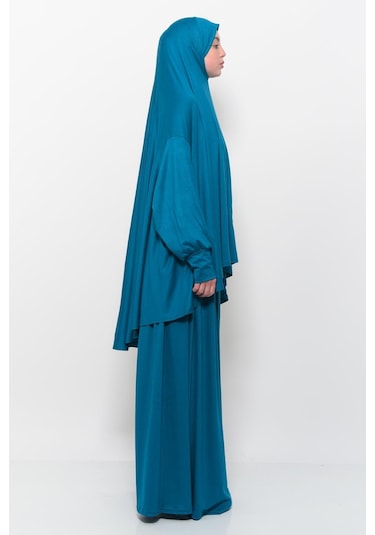 Pratik 2 Parça Pamuklu Yarasa Kollu Başörtülü Tesettür Namaz Elbisesi Açık Petrol Antrasit