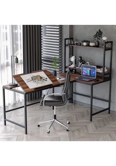 L Masa Raflı L Şekilli Ofis Masası 620-c Ceviz