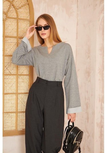 Kadın Ekstra Uzun Duble Kol / Yakası Yırtmaçlı Salaş Sweatshirt Bluz 3470190 Gri