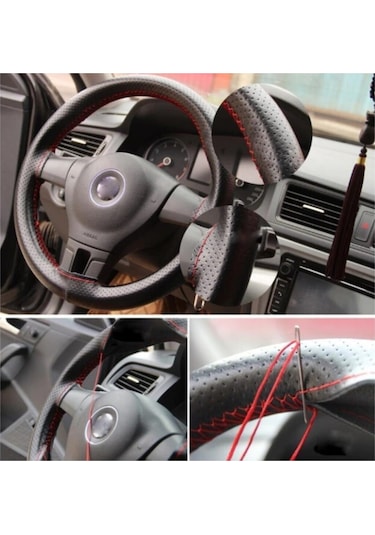 Direksiyon Kılıfı Deri Dikişli Yumuşak Kokusuz Dikmeli Noktalı - Kırmızı