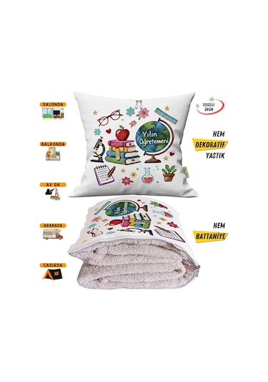 Öğretmenler Günü Hediyesi Punch Baskılı Tv Battaniyesi Olabilen Dekoratif Yastık Kırlent Battaniye Çok Renkli