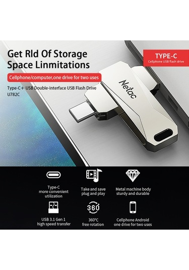 Netac U782c 128gb Type-c + Usb Çift Arayüz Flash Bellek Tak Ve Çalıştır Cep Telefonu Hafıza Genişletme U Disk Gümüş