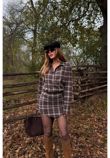Kahverengi Ekose Gömlek Elbise - 4989 Kahverengi