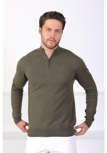 Ferraro Haki Dik Yaka Düz Renk Pamuk Erkek Kazak Haki