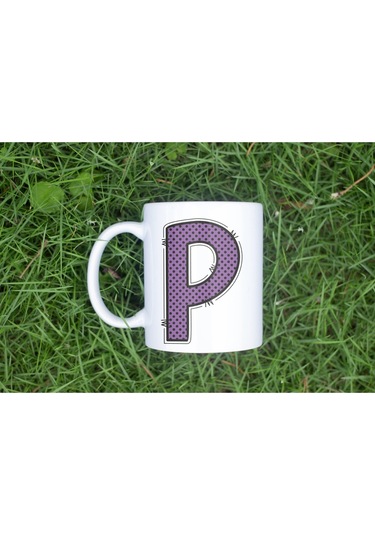 P Harfi Mor Puantiyeli Kupa Bardak - Polka Dot Tasarım Kahve Çay Bardak - Kişiye Özel Hediyelik Beyaz