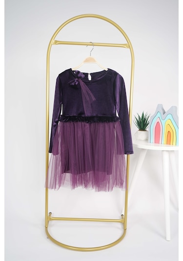 Kız Çocuk Yılbaşı Temalı Eteği Tül Astarlı Tokalı Kadife Uzun Kol Elbise Mor